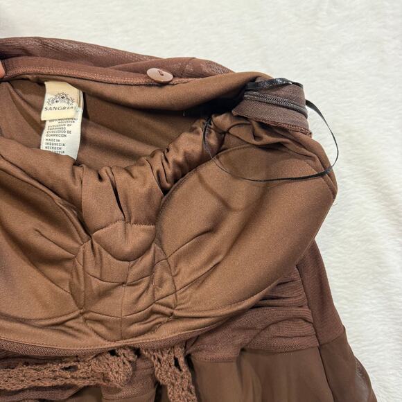 Sangria 6 Brown Midi Dress Ruched Crochet Boho Y2K Fairy RenFaire Fest‎ Romantic - Picture 7 of 12